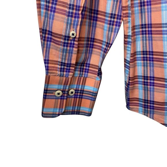 Peter Millar Mens Large Button Down Dress Shirt Plaid Orange Blue White - Picture 9 of 10